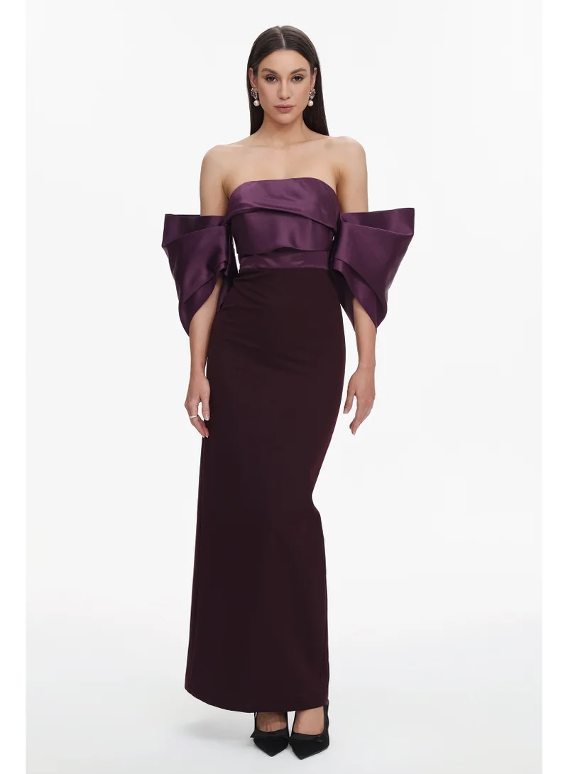 Bella Barnett Sareka Elegant Tailored Off Shoulder Pleated Satin Maxi Dress